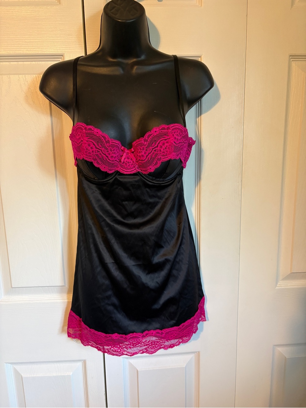 La SENZA Black Satin Chemise with Hot Pink Lace